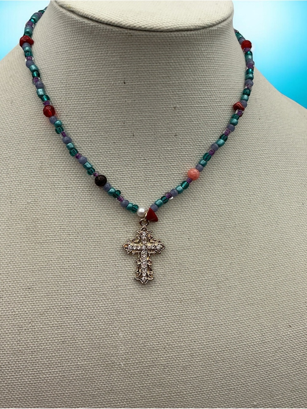 Beaded Multicolor Y2K Vintage Cross Pendant Necklace